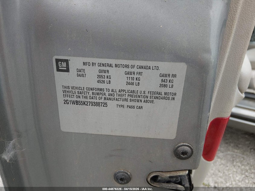 2007 Chevrolet Impala Ls VIN: 2G1WB55K279388725 Lot: 44876326