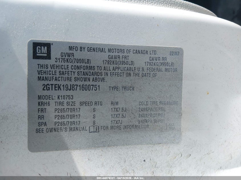 2007 GMC Sierra 1500 Sle1 VIN: 2GTEK19J871600751 Lot: 44876331