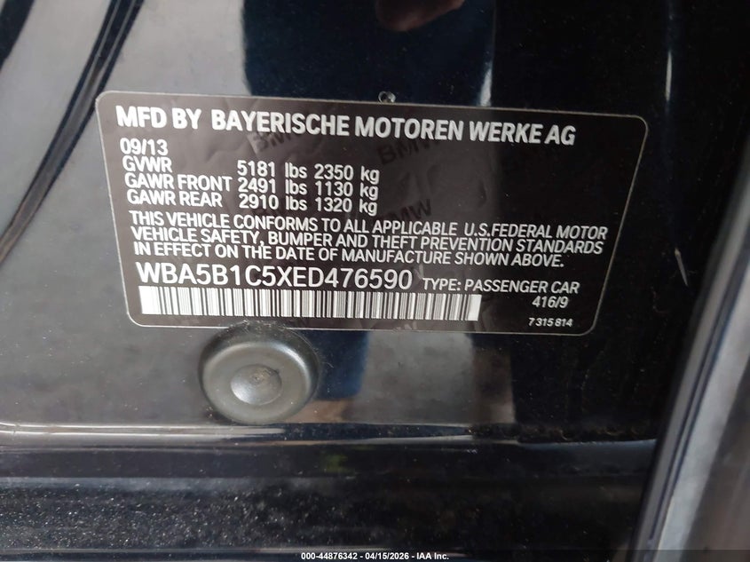 2014 BMW 535I VIN: WBA5B1C5XED476590 Lot: 44876342