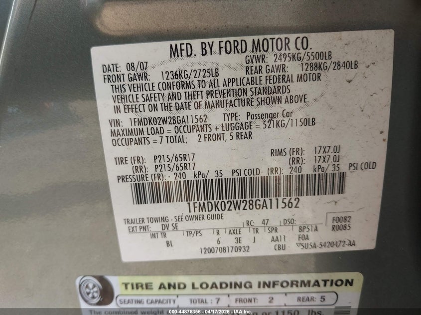 2008 Ford Taurus X Sel VIN: 1FMDK02W28GA11562 Lot: 44876356