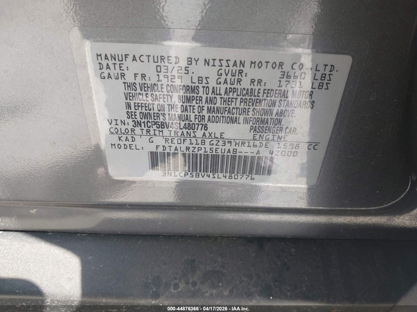 VIN 3N1CP5BV4SL480776 2025 NISSAN KICKS PLAY S