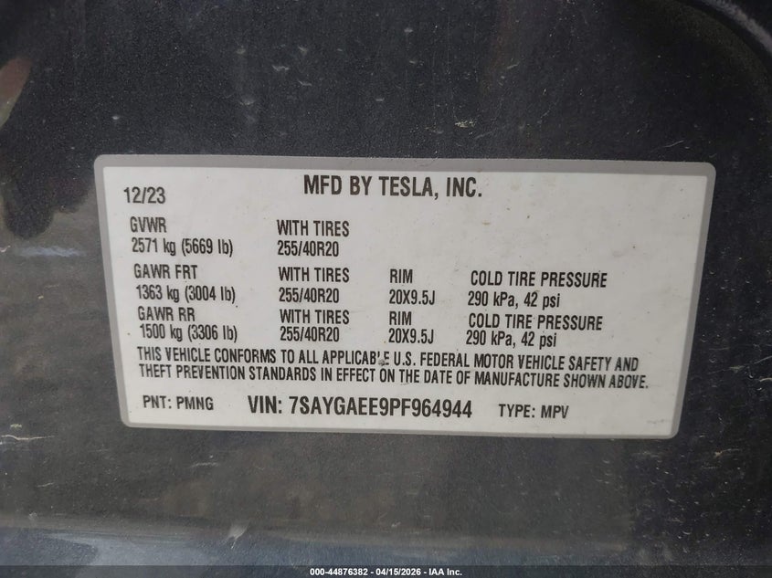 2023 Tesla Model Y Awd/Long Range Dual Motor All-Wheel Drive VIN: 7SAYGAEE9PF964944 Lot: 44876382