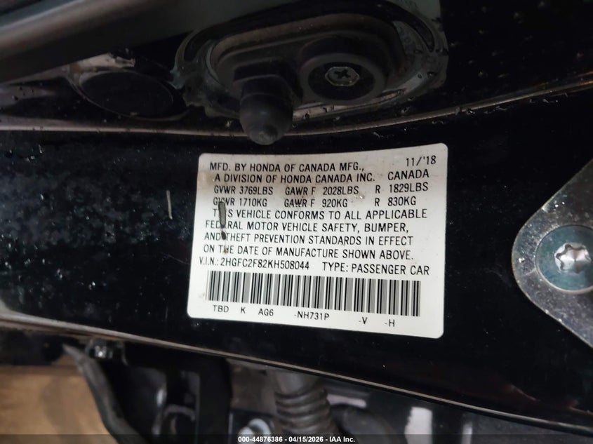 2019 Honda Civic Sport VIN: 2HGFC2F82KH508044 Lot: 44876386