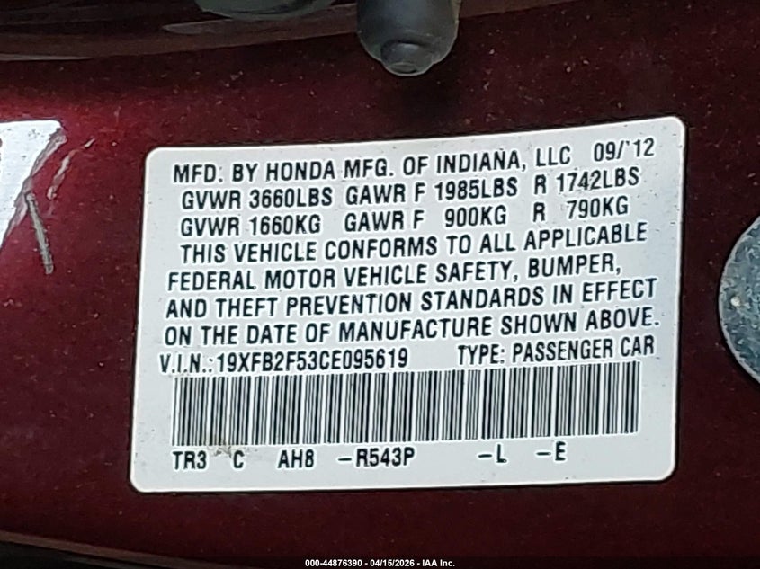 2012 Honda Civic Lx VIN: 19XFB2F53CE095619 Lot: 44876390