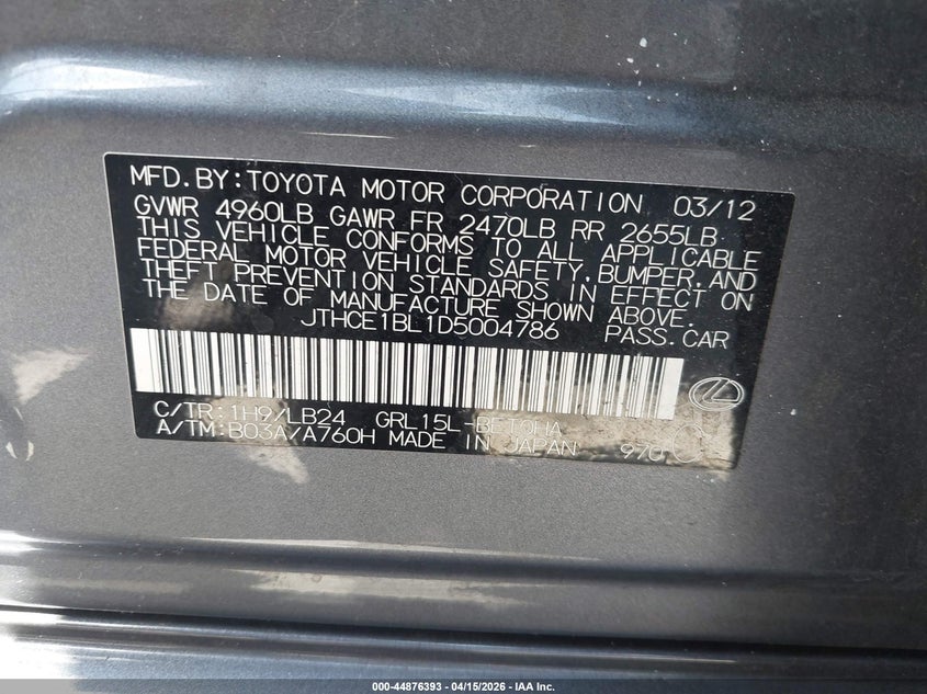 2013 Lexus Gs 350 VIN: JTHCE1BL1D5004786 Lot: 44876393