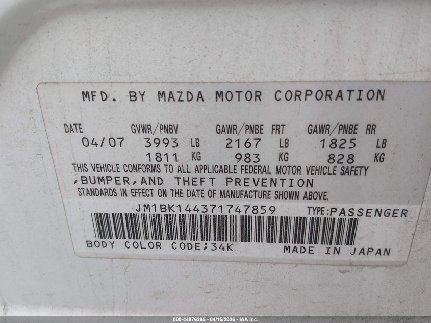 2007 Mazda Mazda3 S Sport VIN: JM1BK144371747859 Lot: 44876395