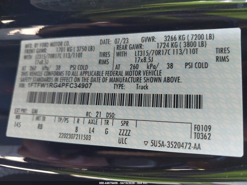 2023 Ford F-150 Raptor VIN: 1FTFW1RG4PFC34907 Lot: 44876406