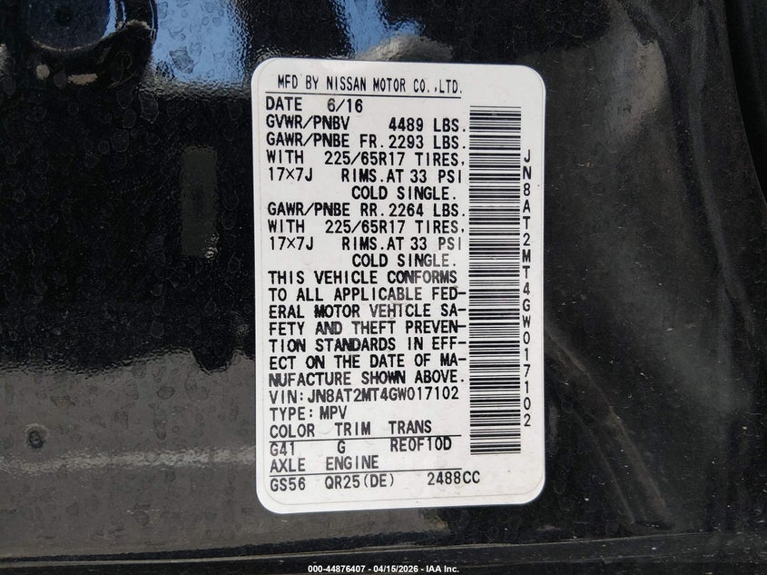 2016 Nissan Rogue S VIN: JN8AT2MT4GW017102 Lot: 44876407