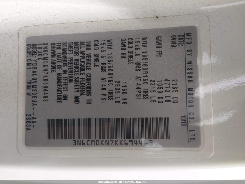 2019 Nissan Nv200 S VIN: 3N6CM0KN7KK694463 Lot: 44876409