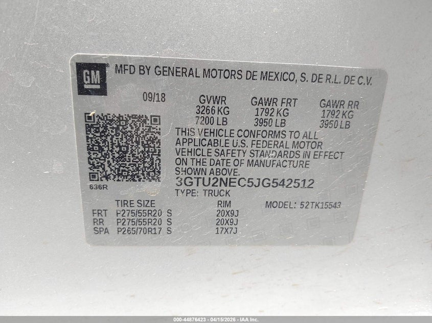 2018 GMC Sierra 1500 Slt VIN: 3GTU2NEC5JG542512 Lot: 44876423