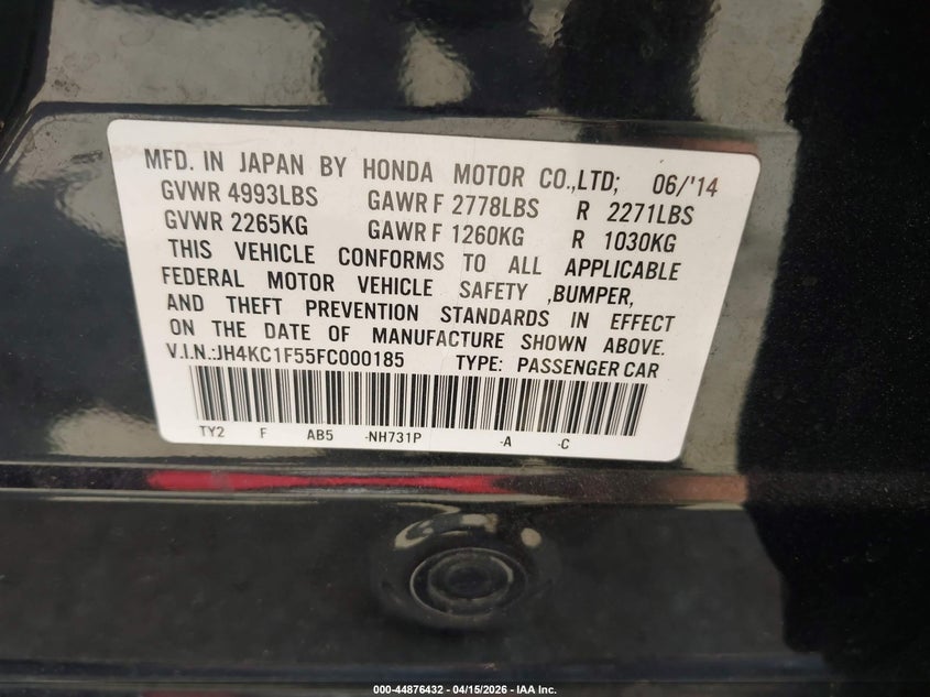 2015 Acura RLX 3.5 Rlx black Lot 111044876432 Vin JH4KC1F55FC000185