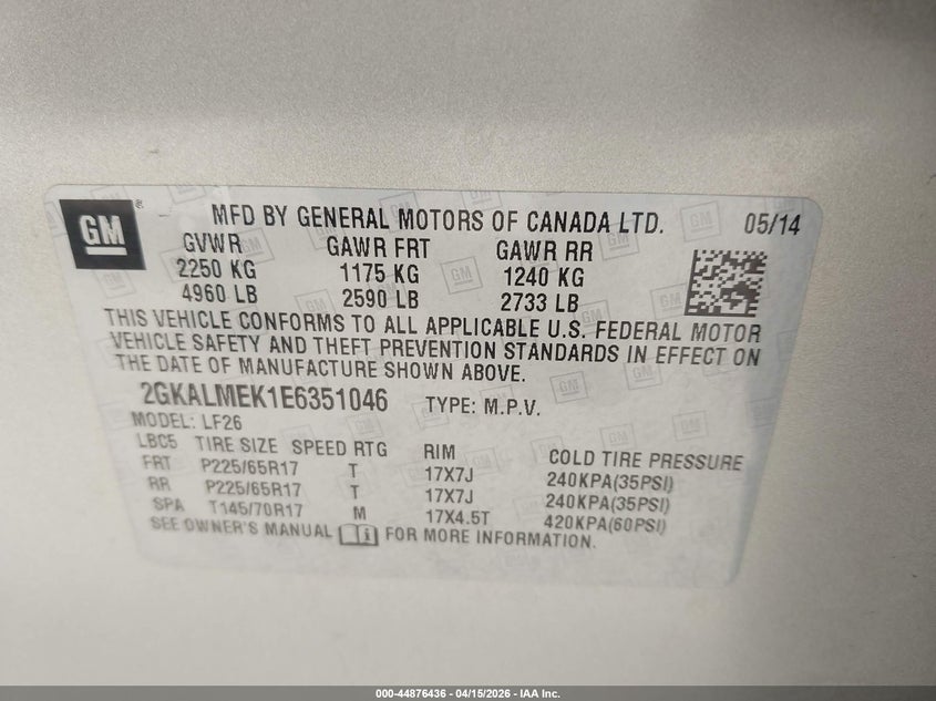 2014 GMC Terrain Sle-1 VIN: 2GKALMEK1E6351046 Lot: 44876436