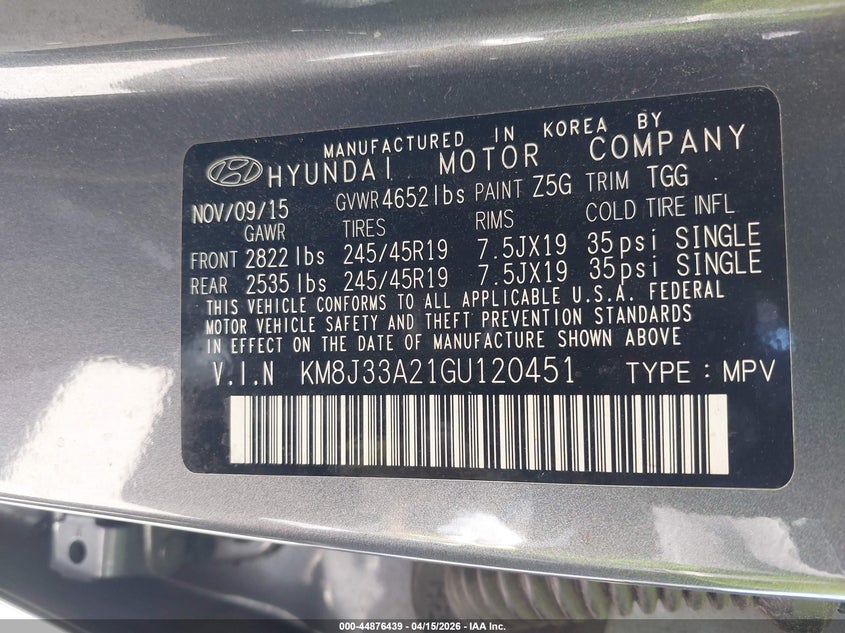 2016 Hyundai Tucson Sport VIN: KM8J33A21GU120451 Lot: 44876439