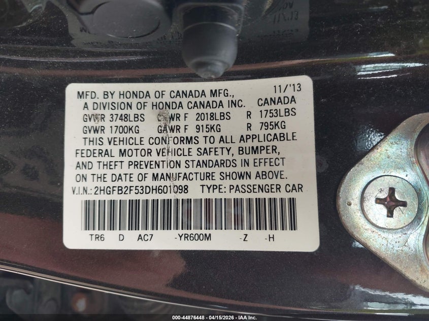 2013 Honda Civic Lx VIN: 2HGFB2F53DH601098 Lot: 44876448