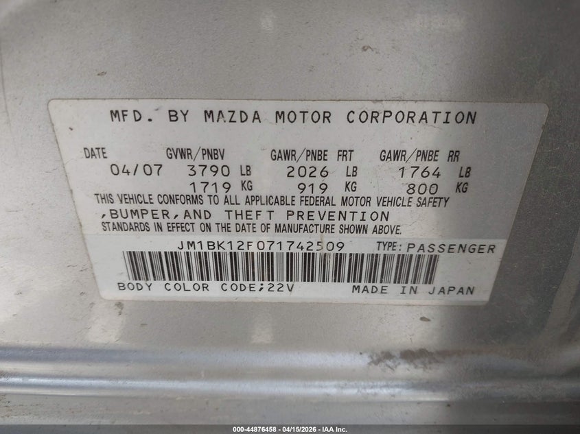 2007 Mazda Mazda3 I VIN: JM1BK12F071742509 Lot: 44876458