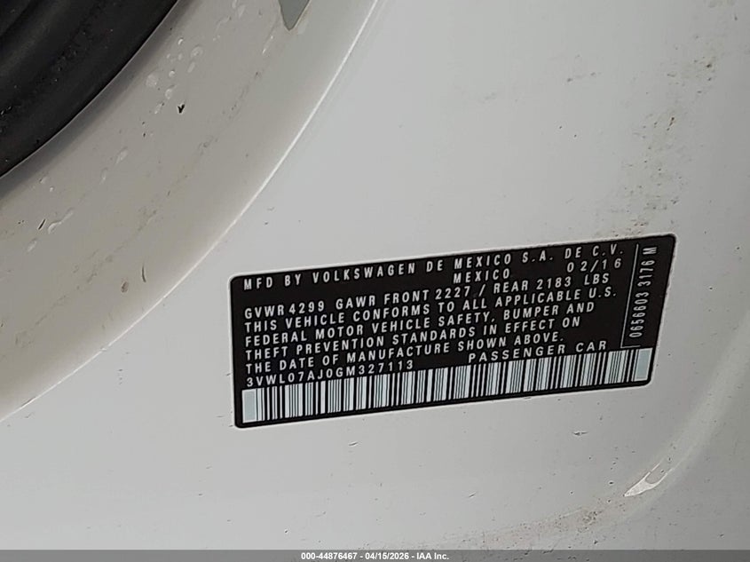 2016 Volkswagen Jetta 1.8T Sel VIN: 3VWL07AJ0GM327113 Lot: 44876467