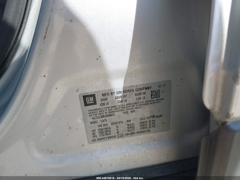 2018 Chevrolet Trax Lt VIN: KL7CJLSB8JB599615 Lot: 44876516