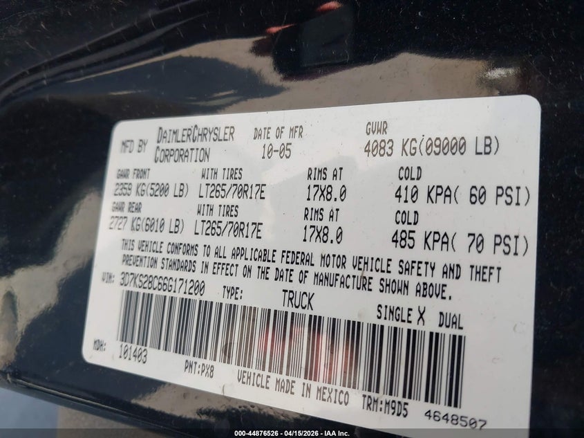 2006 Dodge Ram 2500 Slt/Trx4 Off Road/Sport/Power Wagon VIN: 3D7KS28C66G171200 Lot: 44876526