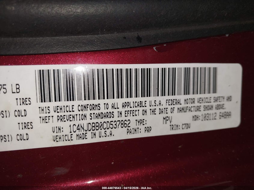 2012 Jeep Compass Sport VIN: 1C4NJDBB0CD537862 Lot: 44876543