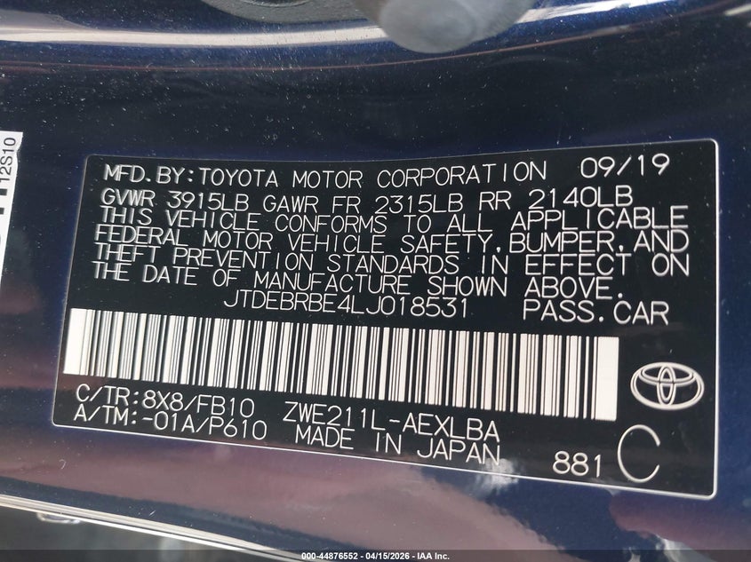 2020 Toyota Corolla Hybrid Le VIN: JTDEBRBE4LJ018531 Lot: 44876552