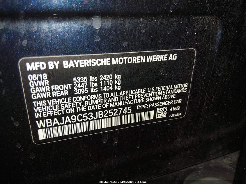 2018 BMW 530E Iperformance VIN: WBAJA9C53JB252745 Lot: 44876559