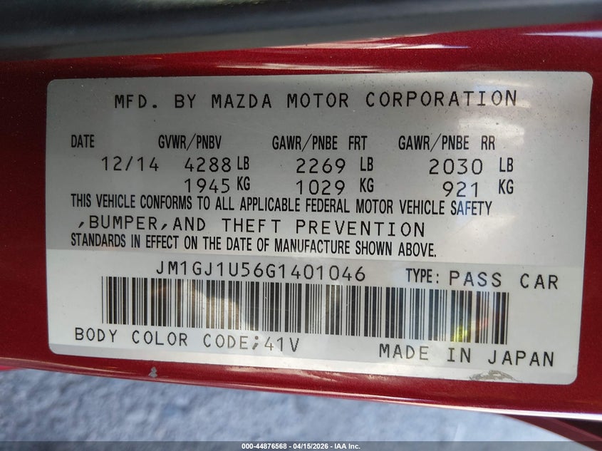 2016 Mazda Mazda6 I Sport VIN: JM1GJ1U56G1401046 Lot: 44876568