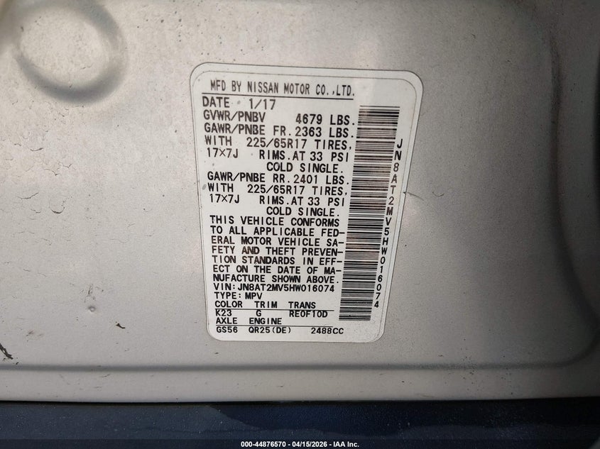 2017 Nissan Rogue Sv VIN: JN8AT2MV5HW016074 Lot: 44876570