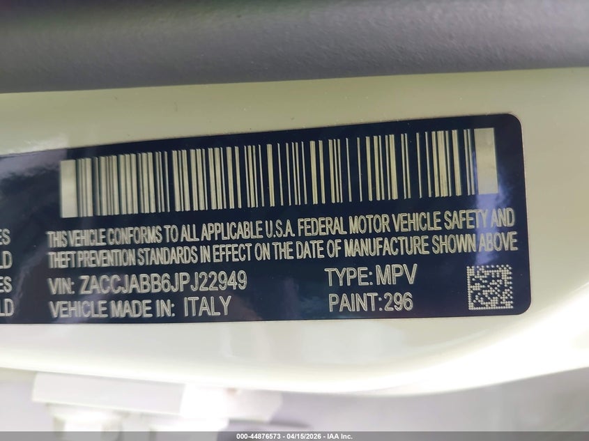 2018 Jeep Renegade Latitude Fwd VIN: ZACCJABB6JPJ22949 Lot: 44876573