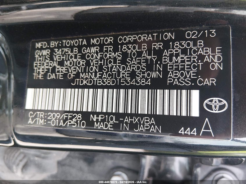 2013 Toyota Prius C Two VIN: JTDKDTB38D1534384 Lot: 44876575