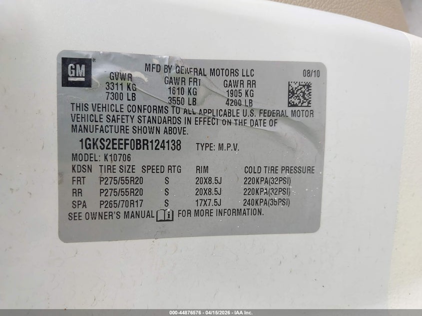 2011 GMC Yukon Denali VIN: 1GKS2EEF0BR124138 Lot: 44876576