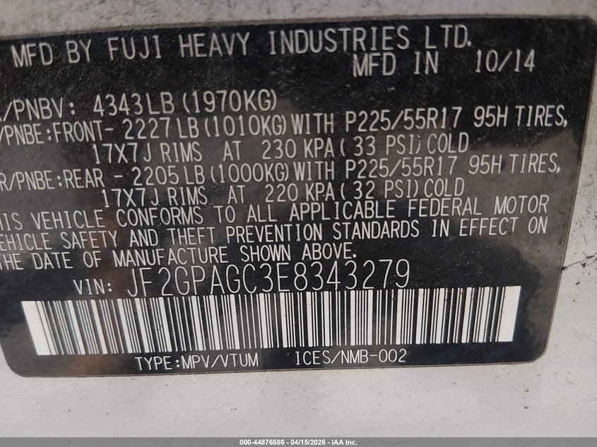 2014 Subaru Xv Crosstrek 2.0I Limited VIN: JF2GPAGC3E8343279 Lot: 44876586