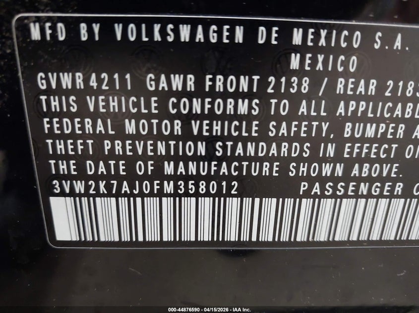 2015 Volkswagen Jetta 2.0L S VIN: 3VW2K7AJ0FM358012 Lot: 44876590