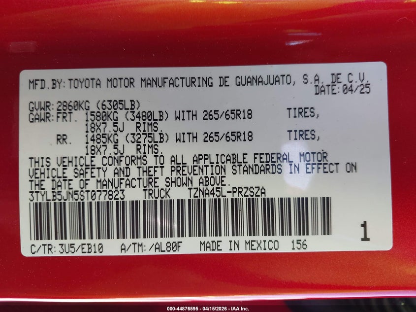 2025 Toyota Tacoma Limited VIN: 3TYLB5JN5ST077823 Lot: 44876595