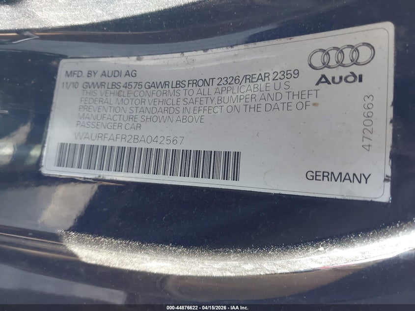 2011 Audi A5 2.0T Premium VIN: WAURFAFR2BA042567 Lot: 44876622