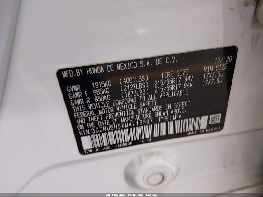 2021 Honda Hr-V 2Wd Ex VIN: 3CZRU5H5XMM713557 Lot: 44876636