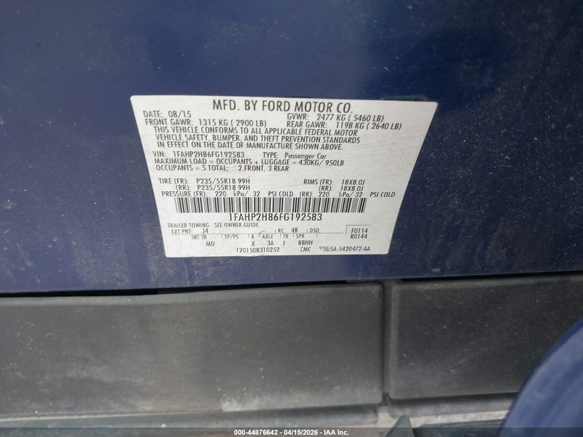 2015 Ford Taurus Sel VIN: 1FAHP2H86FG192583 Lot: 44876642