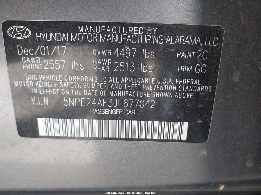 2018 Hyundai Sonata Se VIN: 5NPE24AF3JH677042 Lot: 44876646