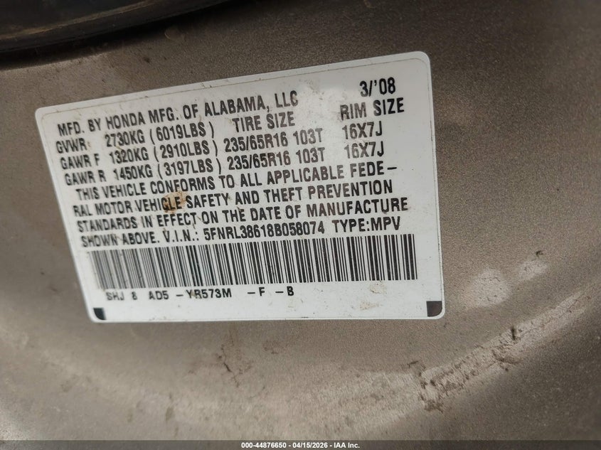 2008 Honda Odyssey Ex-L VIN: 5FNRL38618B058074 Lot: 44876650