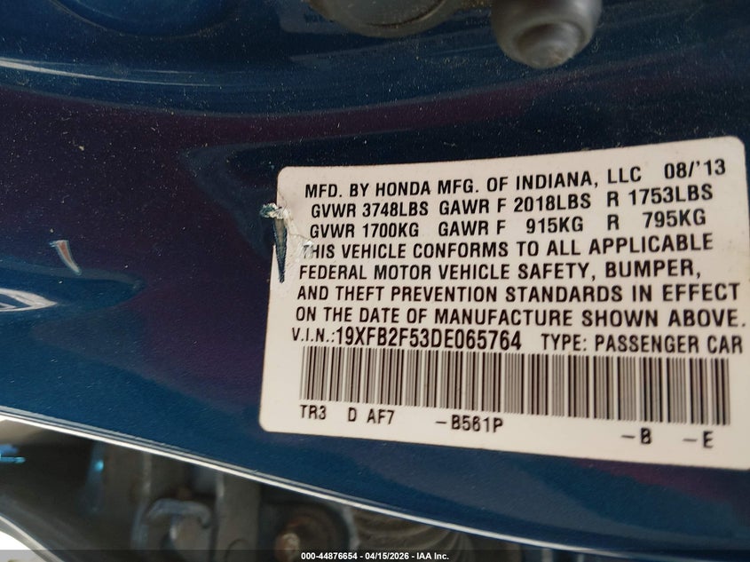 2013 Honda Civic Lx VIN: 19XFB2F53DE065764 Lot: 44876654