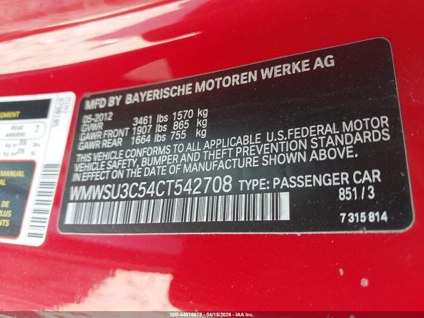 2012 Mini Cooper VIN: WMWSU3C54CT542708 Lot: 44876678