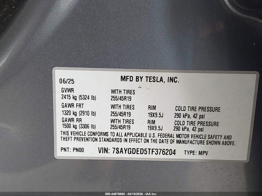2026 Tesla Model Y Premium Rear-Wheel Drive/Standard Rear-Wheel Drive VIN: 7SAYGDED5TF376204 Lot: 44876680