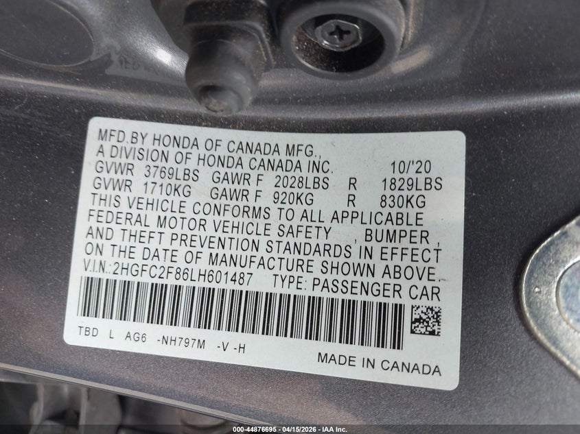 2020 Honda Civic Sport VIN: 2HGFC2F86LH601487 Lot: 44876695