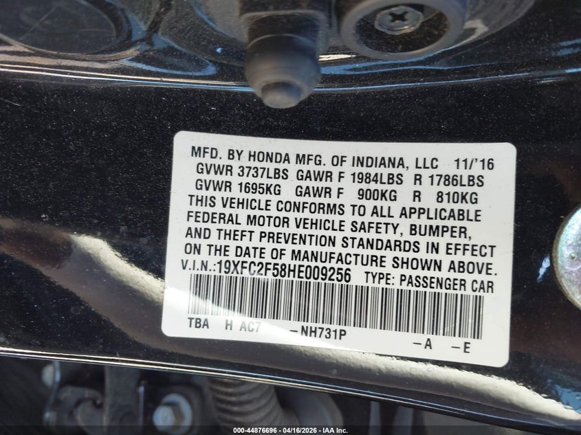 19XFC2F58HE009256 2017 Honda Civic 2.0 Lx black