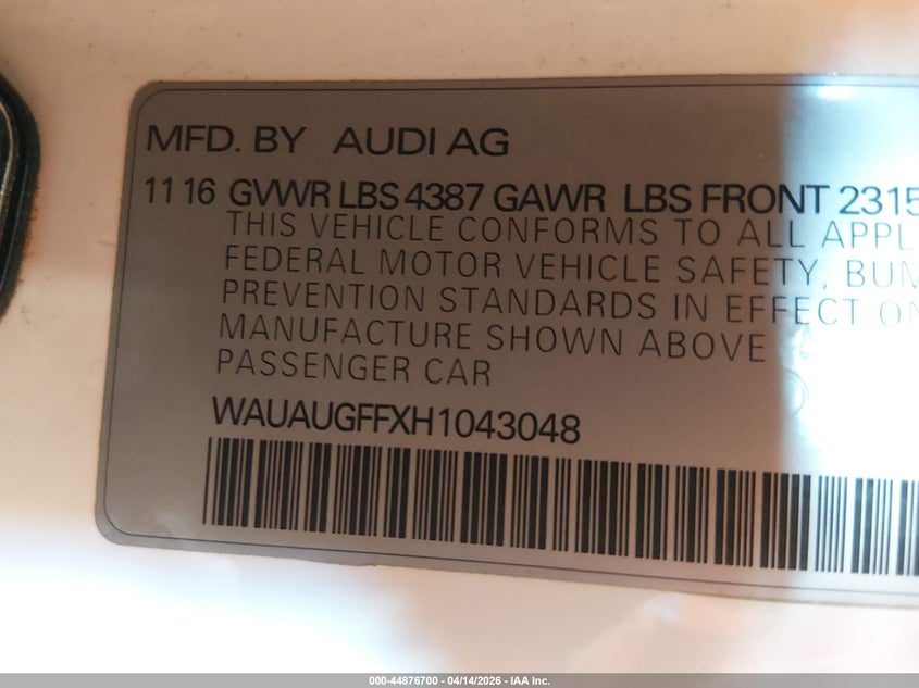 2017 Audi A3 2.0T Premium VIN: WAUAUGFFXH1043048 Lot: 44876700