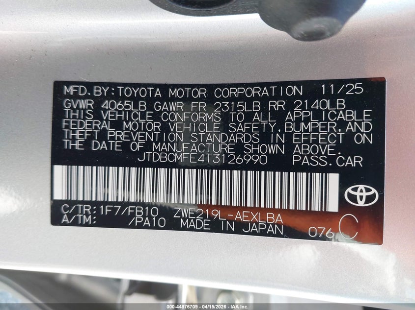 2026 Toyota Corolla Hybrid Hybrid Le VIN: JTDBCMFE4T3126990 Lot: 44876709