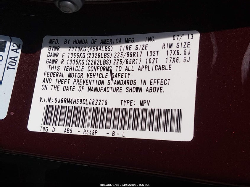 2013 Honda Cr-V Ex VIN: 5J6RM4H59DL082215 Lot: 44876730