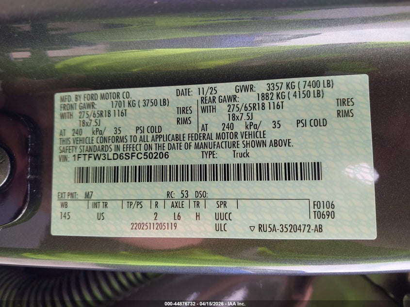 2025 Ford F-150 Xlt VIN: 1FTFW3LD6SFC50206 Lot: 44876732