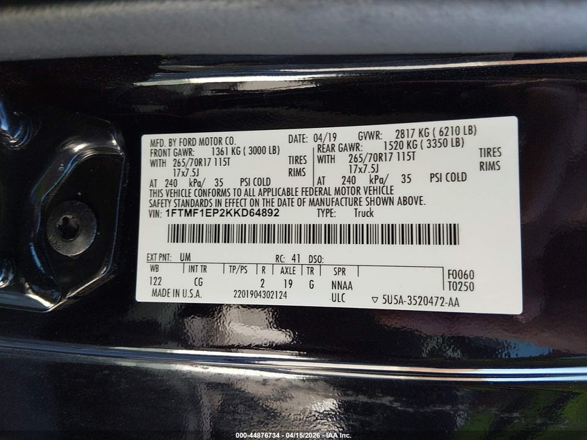 VIN 1FTMF1EP2KKD64892 2019 FORD F-150 XL