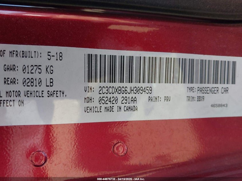 2018 Dodge Charger Sxt Rwd VIN: 2C3CDXBG6JH309459 Lot: 44876738