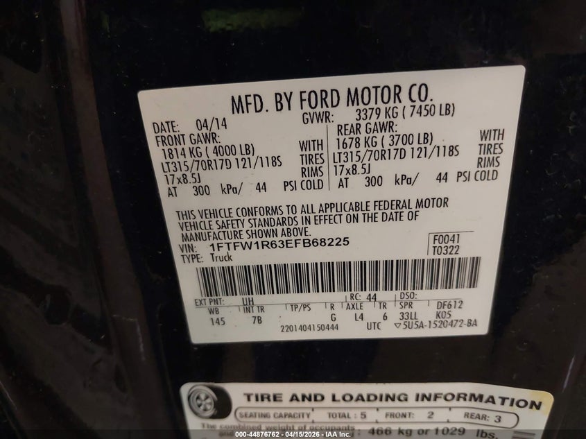 2014 Ford F-150 Svt Raptor VIN: 1FTFW1R63EFB68225 Lot: 44876762